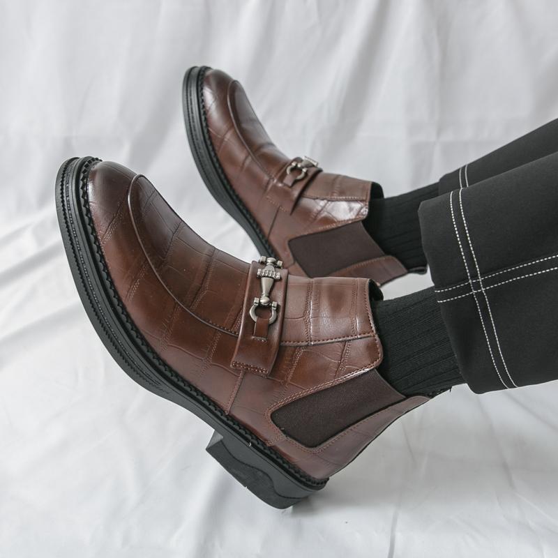 Fashion 2025 New Men's Solid Color Crocodile Print Leather High-Quality Ankle Boots Comfortable Retro Metal Buckle Business Casual Shoes