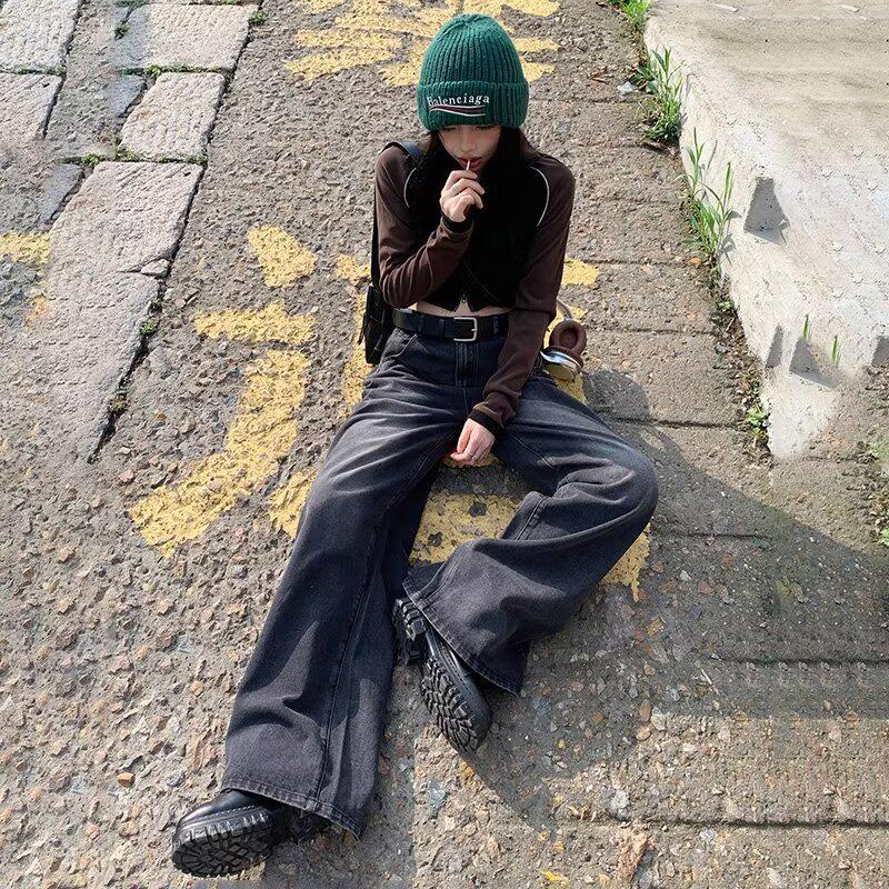 American Retro Velvet-Lined Wide-Leg High-Waist Women's Jeans for Autumn & Winter