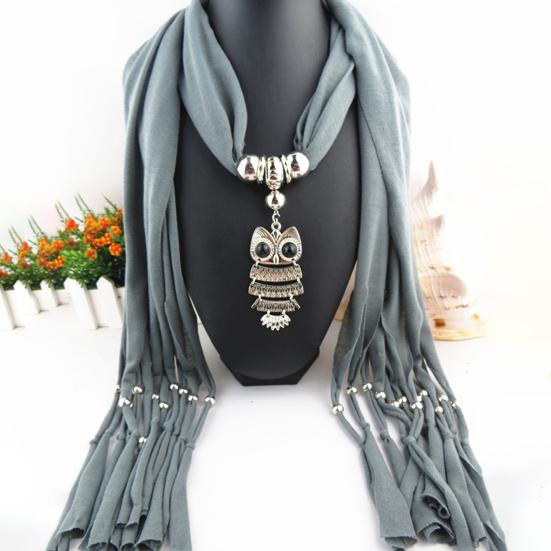 Langer Fransen-Schal für Damen, einfarbig, Retro-Eulen-Anhänger-Halskette, Schal, Kostüm-Accessoires