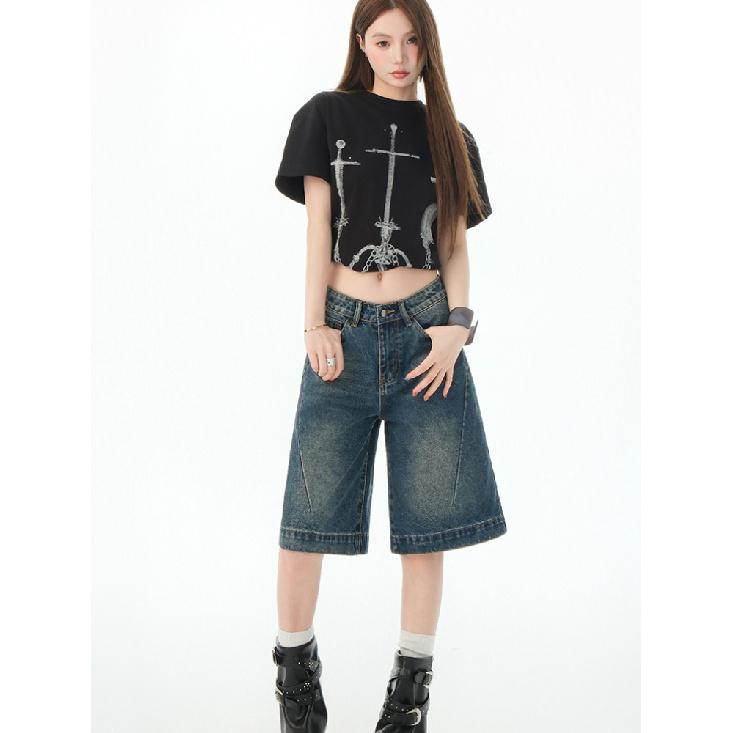 Retro Spicy Woman Cropped Denim Shorts Women'S Summer Low Waisted Loose Design Straight Five-Point Pants
