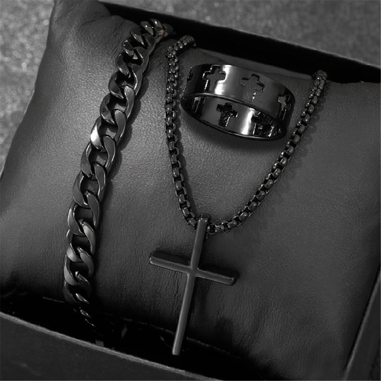 Men Alloy Religious Jewelry Set Comprising Necklace Bracelet and Ring Suitable for Modern Fashion and Spiritual Connection
