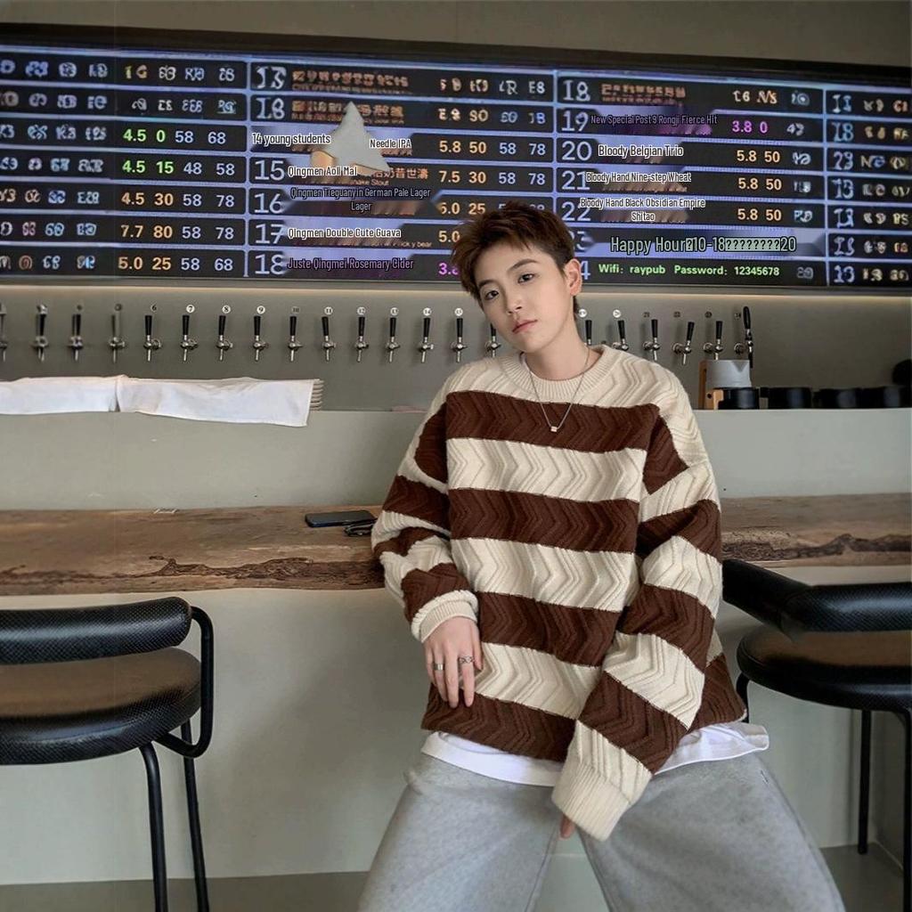 Hong Kong Style Men's Winter Loose Knit Sweater - Trendy Round Neck, Korean Version, Relaxed Couple Design