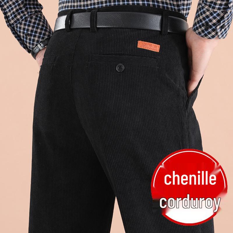 Pánské podzimní/zimní manšestrové žinylkové kalhoty - Vysoký pas, rovná nohavice, volný střih pro středního věku a starší