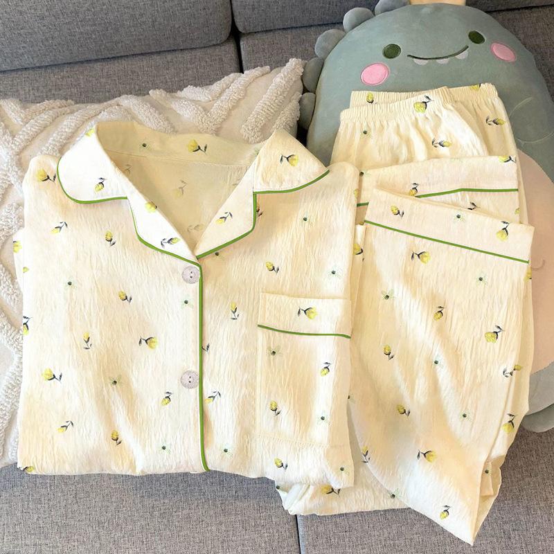 

Женская пижама Весенний комплект с длинными рукавами и брюками Сладкий цветочный кардиган с лацканами Ленивая домашняя одежда 2XL