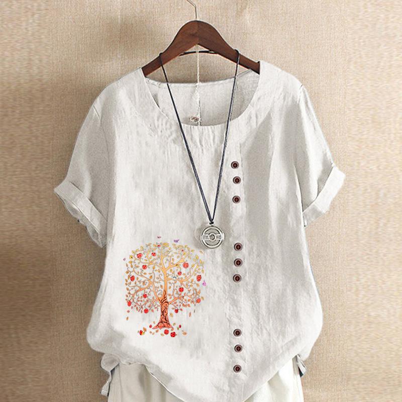 Women's Fashion Round Neck Short Sleeve T-shirt Casual Cotton Linen Graphic Shirt Leisure Loose Red Tree Prined Summer Blouse Tops Plus Size