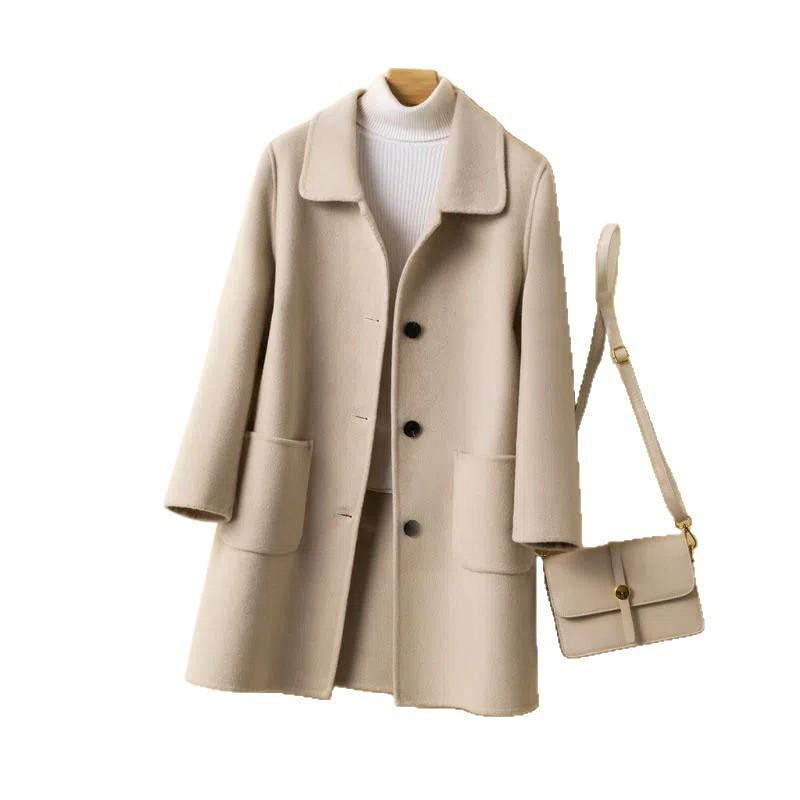 Women's Mid-Length Woolen Coat, Autumn/Winter 2025, Korean Style, Loose Fit, Plus Size, Slimming, Age-Reducing.