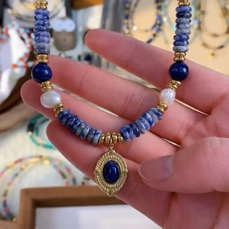 Süßwasserperlmutt Lapis Lazuli Anhänger Halskette, Titanstahl Design, Halskette, Armband