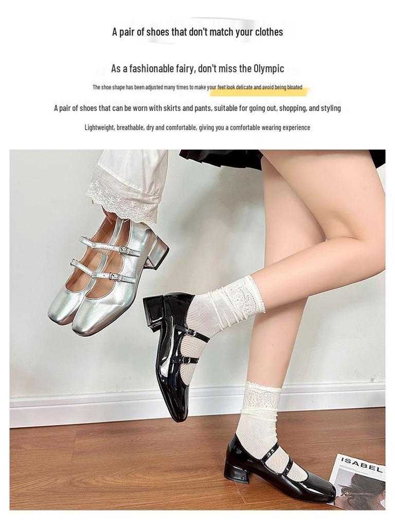 Silver Chunky Heel Mary Jane Ballet Flats for Women - Spring 2025 Collection