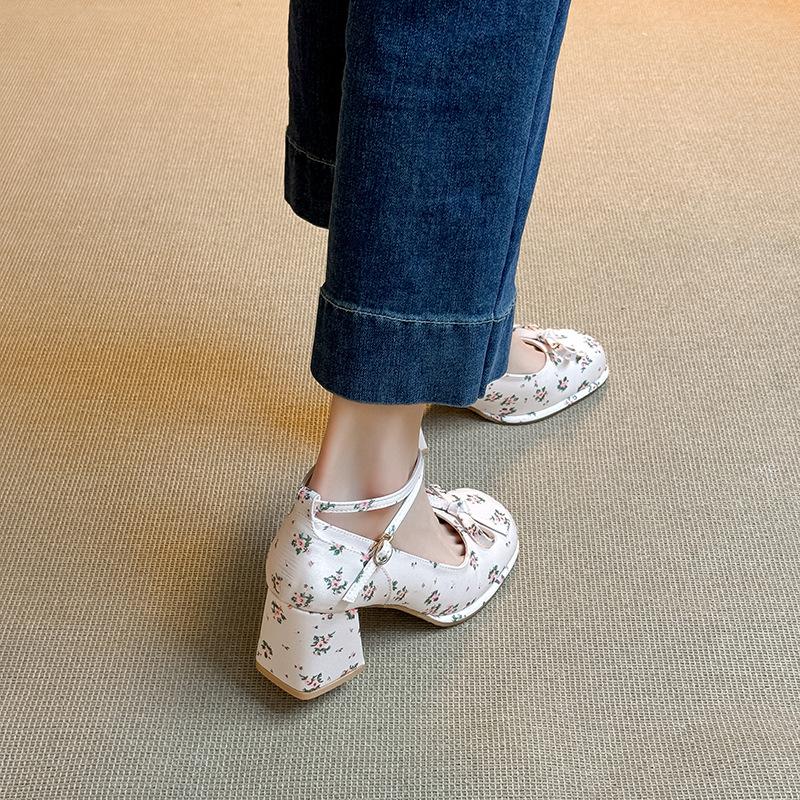 New Thick-soled Thick-heeled High-heeled Single Shoes with Light-mouth Bow Women's Niche Ballet Mary Jane Shoes