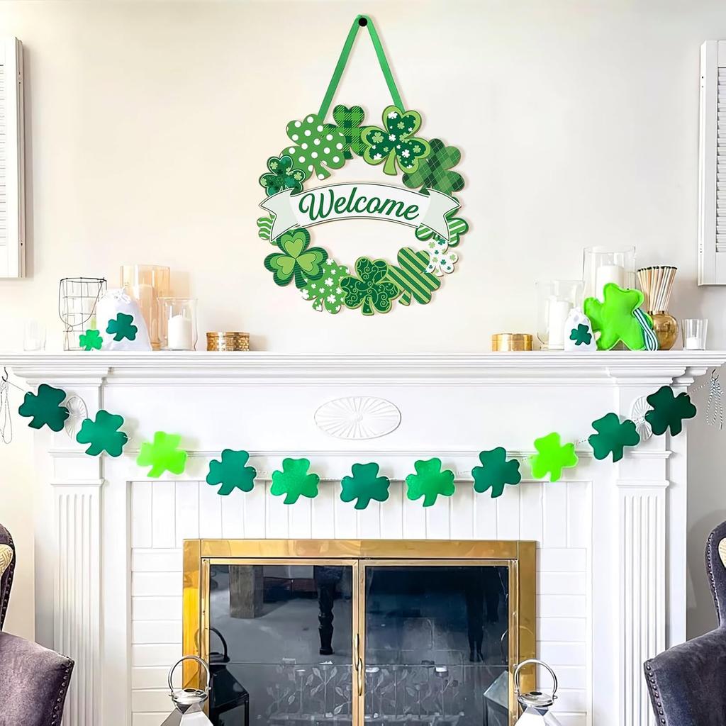 Wooden St. Patrick's Day Decoration Shamrock Door Wreath for Front Door Sign Wall Signs Shamrock Clover Spring Decoration, Irish Sign Welcome Hanging