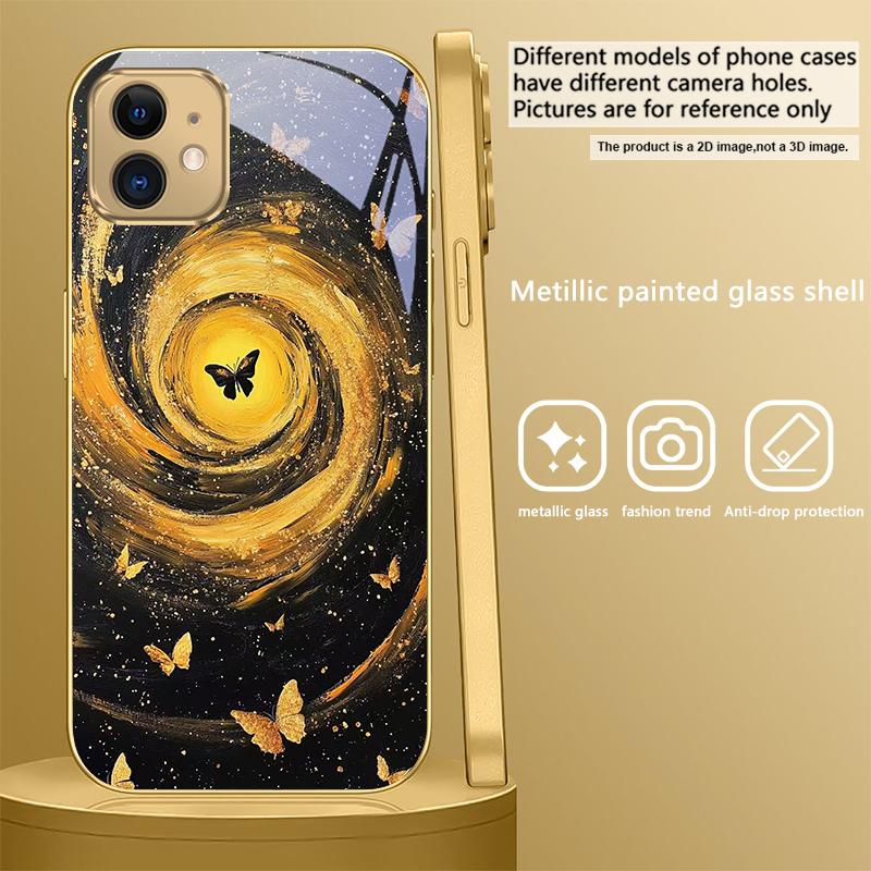 Vortex Black Butterfly For IPhone 17Pro Max 16 17 Pro 15 Pro 14 13 Plus 12 Mini 11Pro Max XR 16E 17 Air Golden Glass Phone Case
