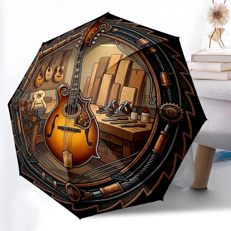 Guitar Workshop Craftsmanship pattern umbrella, portable and foldable design, 8 ribs, a casual accessory for Halloween, Christmas, and birthday gifts.