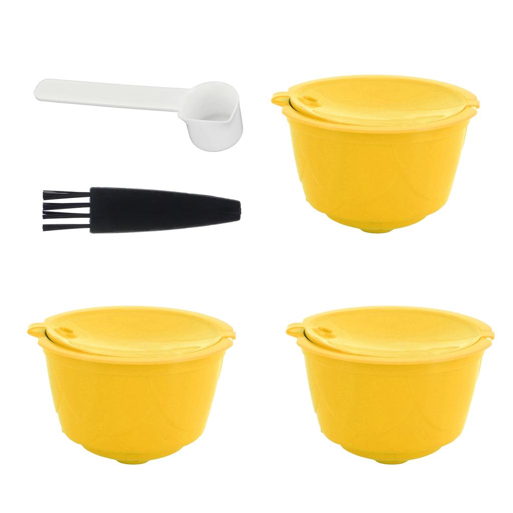 Coffee Machine Capsule Kit Reusable Coffee Filter Cup Accessories Fit for DOLCE GUSTO(Yellow 3 Capsules1 Spoon 1 Brush)