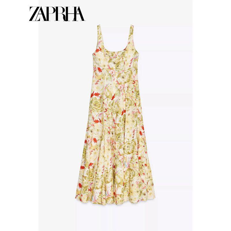 Zaprha 2025 New Arrival Elegant Graceful Linen Blended Printing Slip Dress Waist-Tight Slim Looking 3292175