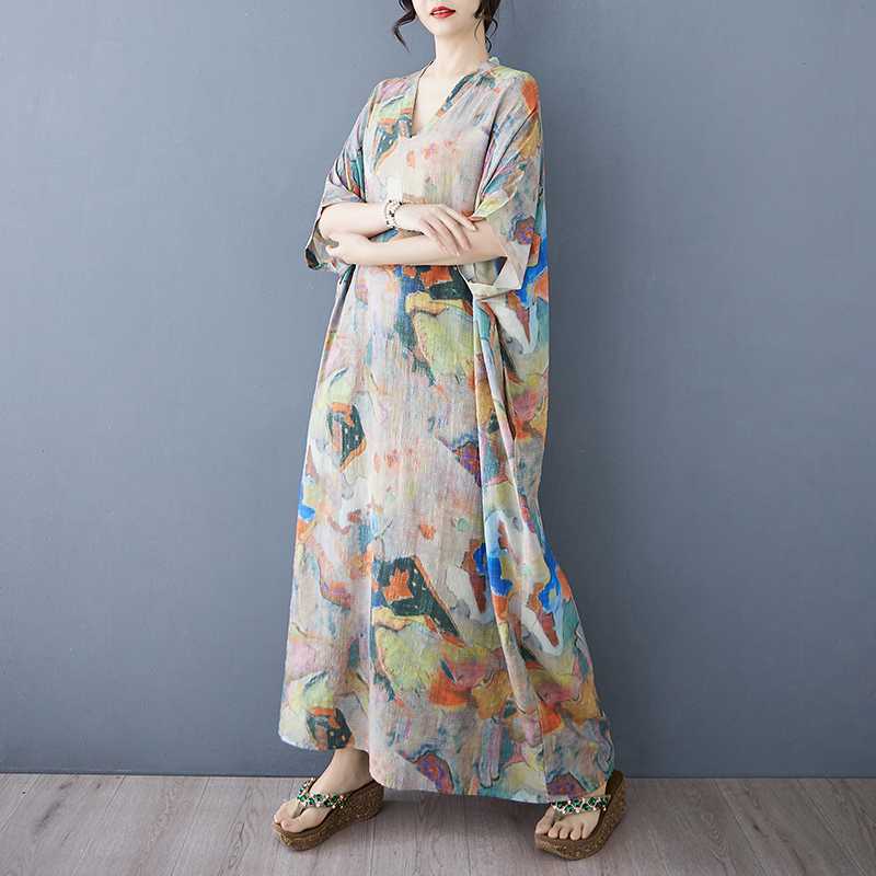 

Летнее цветное дорожное платье с V-образным вырезом в стиле ретро, длинная юбка, хлопок-лен One size