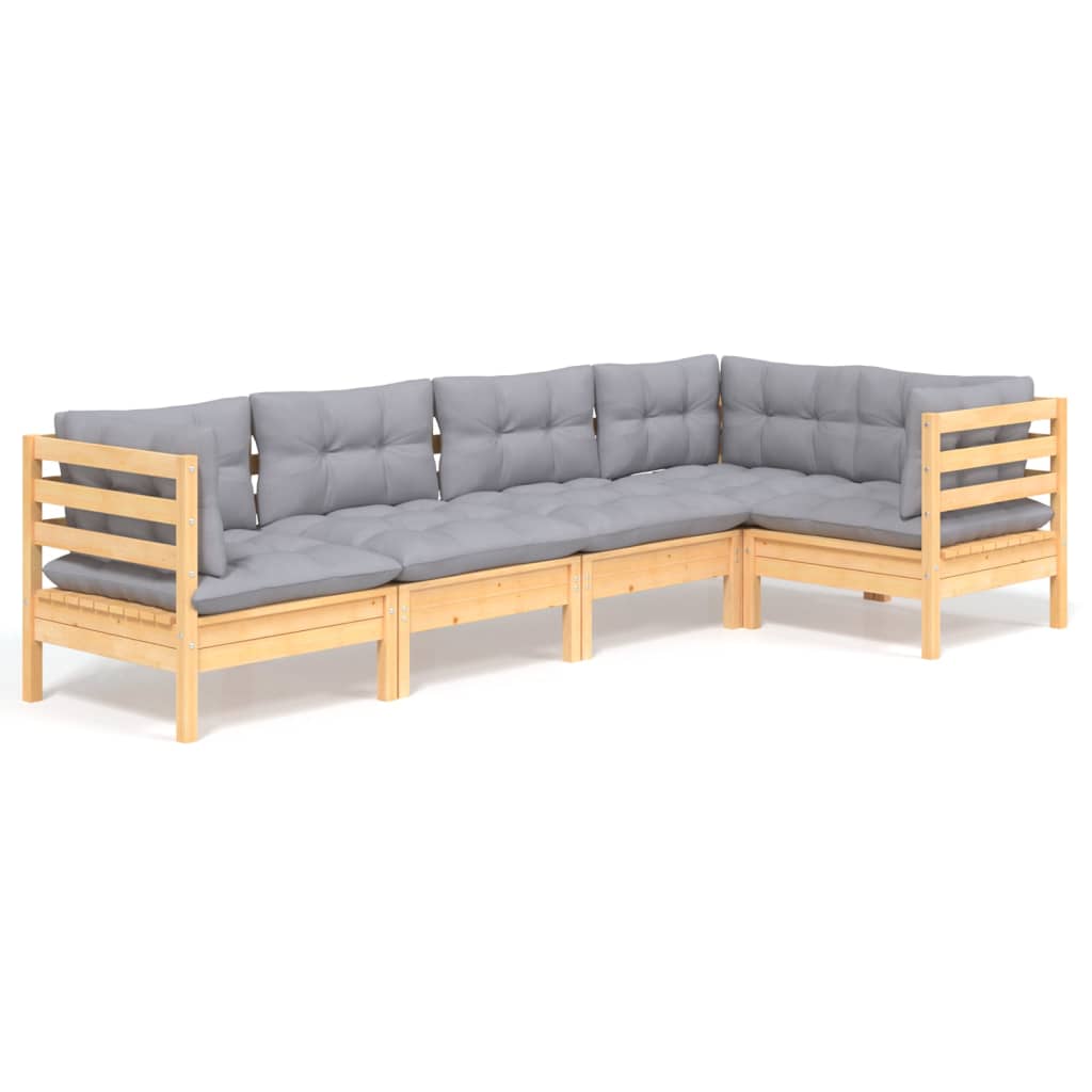 5 Piece Garden Lounge Set with Grey Cushions Pine Wood