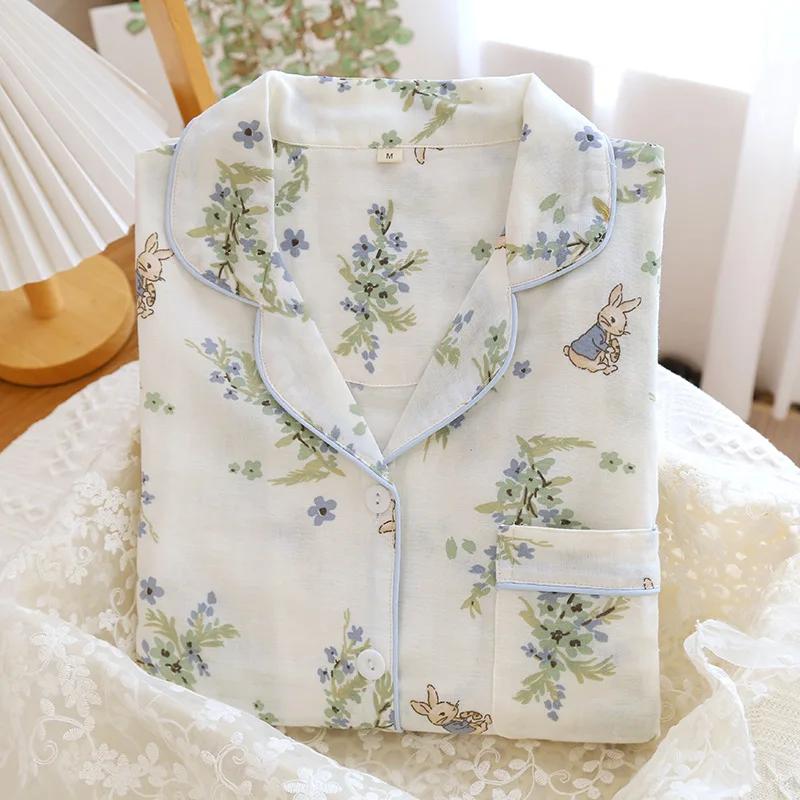 Spring and Summer New Women's Pajamas Set 100% Cotton Double-layer Gauze Long-sleeved Two-piece Set Cartoon Cute and Sweet Home