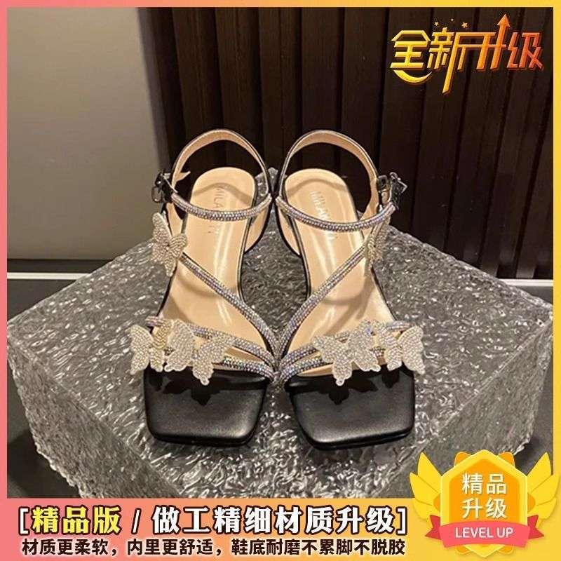 Rhinestone French Summer Sandals Women's 2025 New Summer Wear Exquisite High-end Feeling Not Tired, Middle Heel High Heels