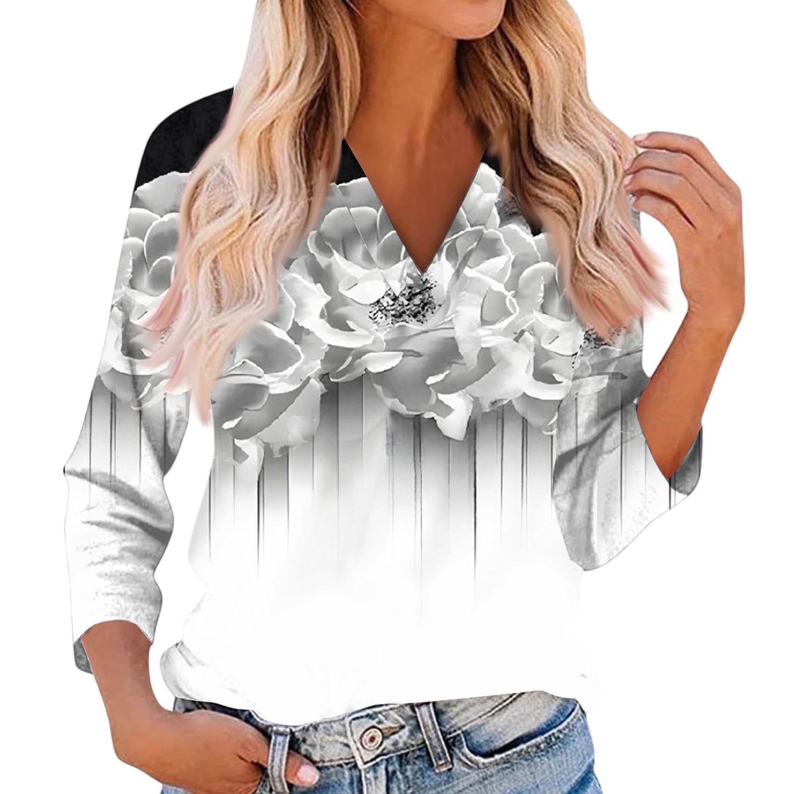 

Женский повседневный и модный топ с V-образным вырезом и рукавами семь четвертей с цветочным принтом M белый