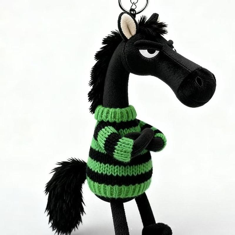 Popular Sky Selection High Cool Black Horse Keychains Soft Plush Mascot Car Pendant Sweater Knitted Baby Doll Key Rings for Women's Handbag Child Bags