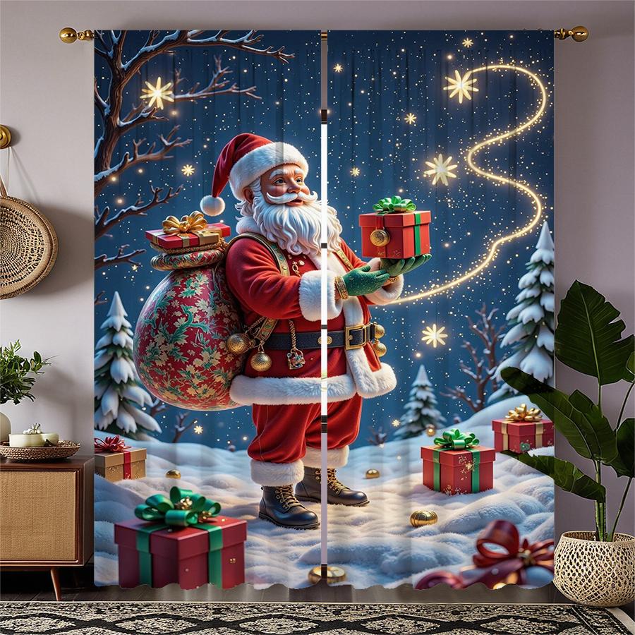 2PCS- Christmas Santa Claus Christmas Tree Pattern Printed Curtains   Christmas Decorations   Home Decorations   Room Decorations