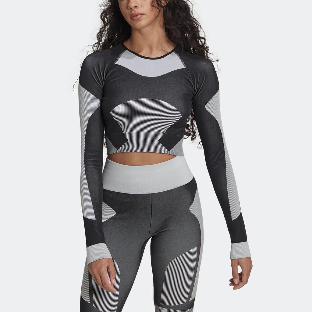 Adidas X Stella McCartney Collaboration FW22 Tst Ls Cropped Design Round Neck Sports Long Sleeve T-Shirt Women Tops Gray HN2883