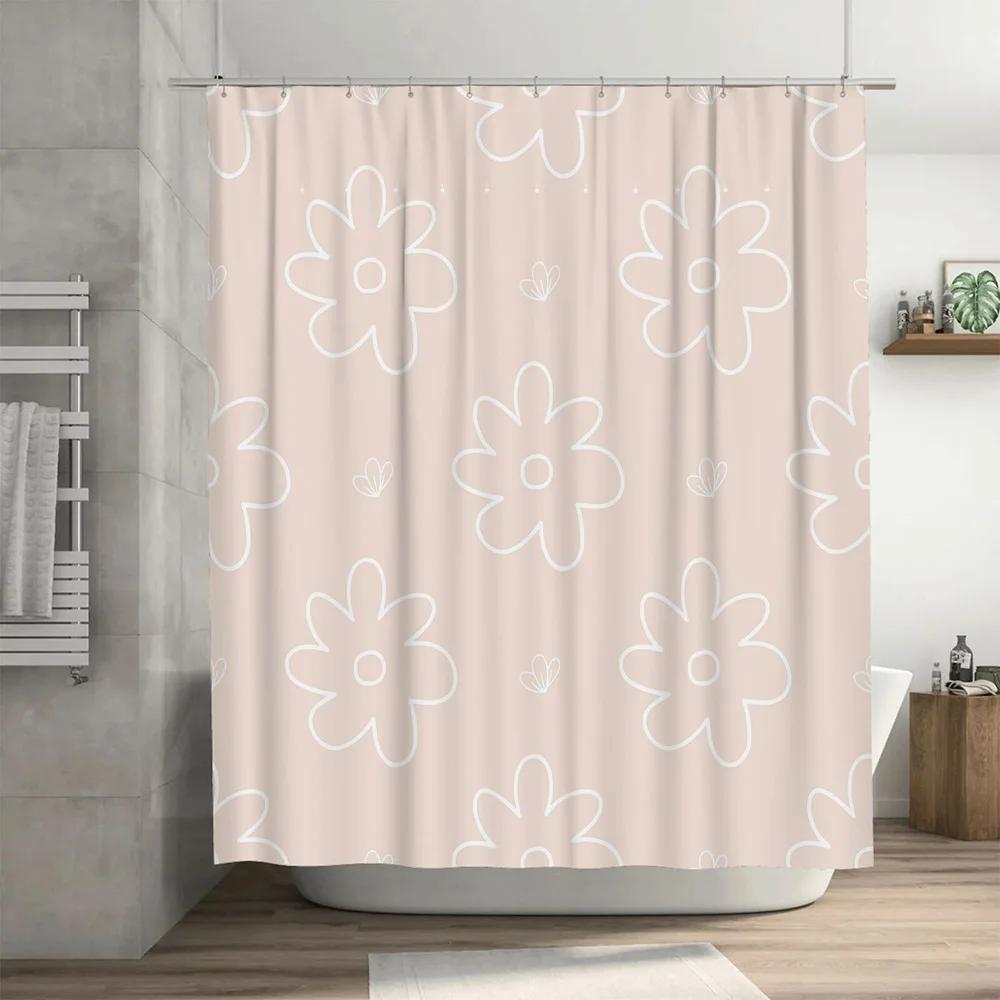 Delicate Floral Shower Curtain with Hooks Pink and White Stripes Pattern Bath Decor for Home Bathroom Modern and Simple Design