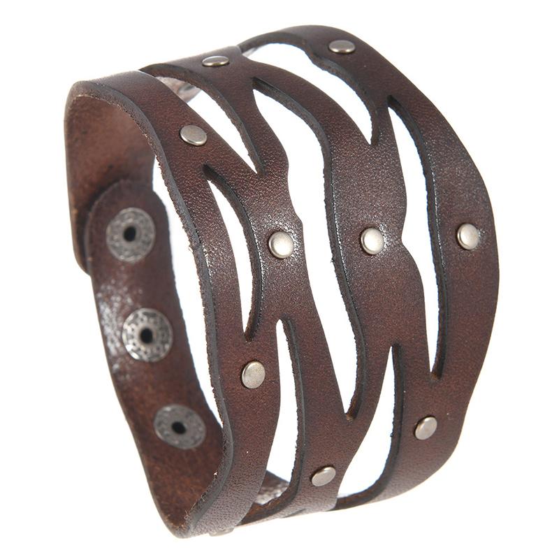 Punk Hip Hop Stil Kreatives Hohl-Breitmanschetten-Armband Für Männer Echtes Leder Geflochtenes Armband Modeaccessoire gray