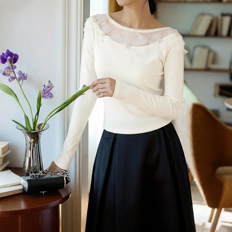YYFS Women's Fashion Casual Spring Autumn Flower Pattern Print Long Sleeve O-Neck Blouses & Shirts