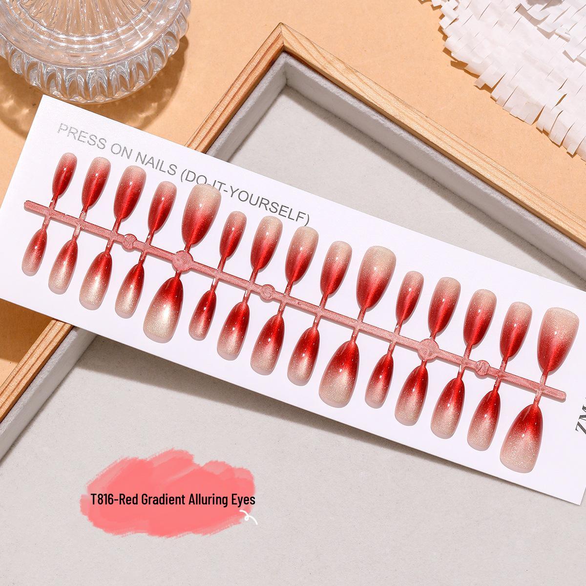 T816 Red Gradient Cat Eye Almond Glitter Nail Art Stickers