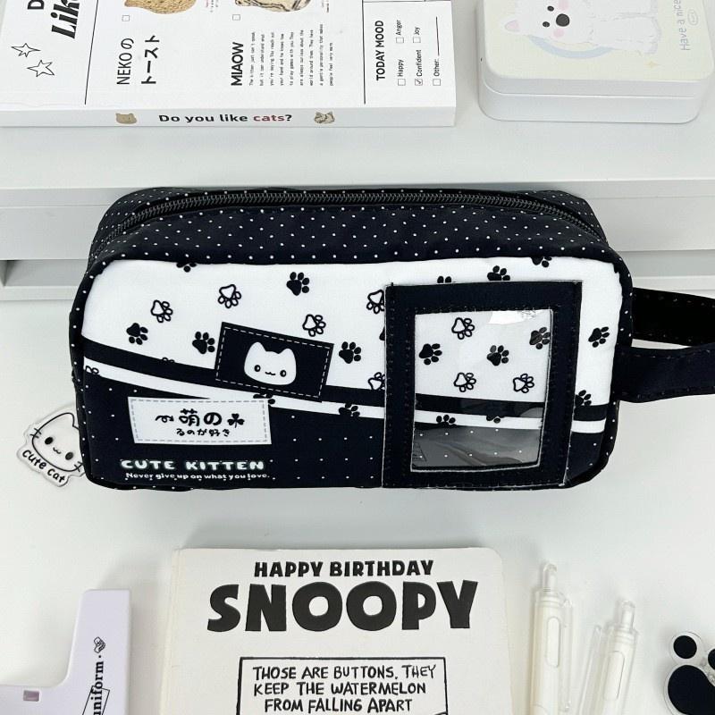 Portable Large Capacity Pencil Case Blue Polka Dot Cute Cat Print Stationery Organizer for Students Travel Use