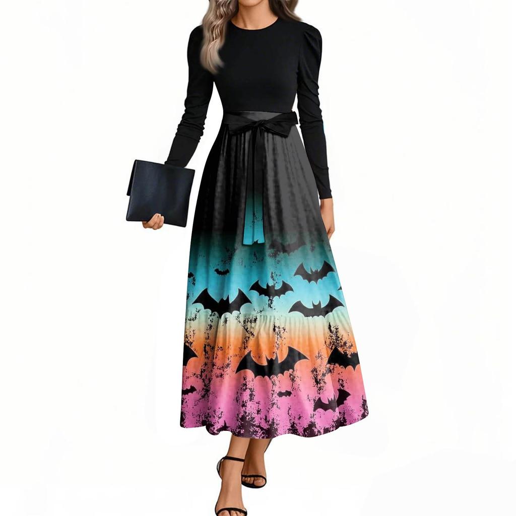 Women's Fashion Casual Belted Long Sleeve Round Neck Halloween Printed Elegant Temperament Dresses