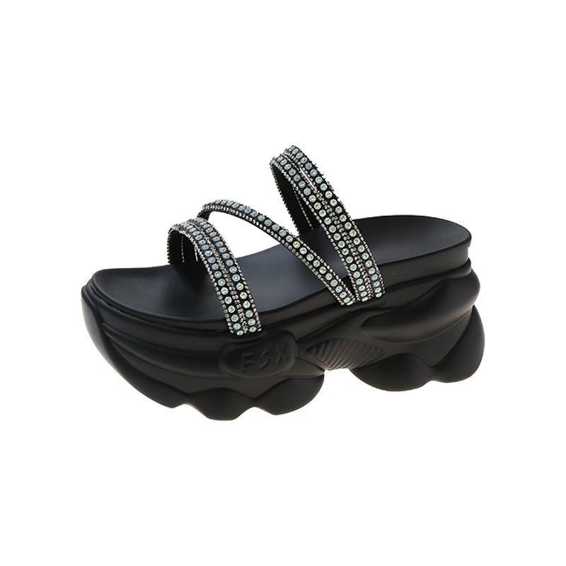 CINESSD Summer Platform Slippers Women Blue Pleated Riband Discolor Ladies Chunky Sole Beach Cool Wedges Slides Shoes Woman