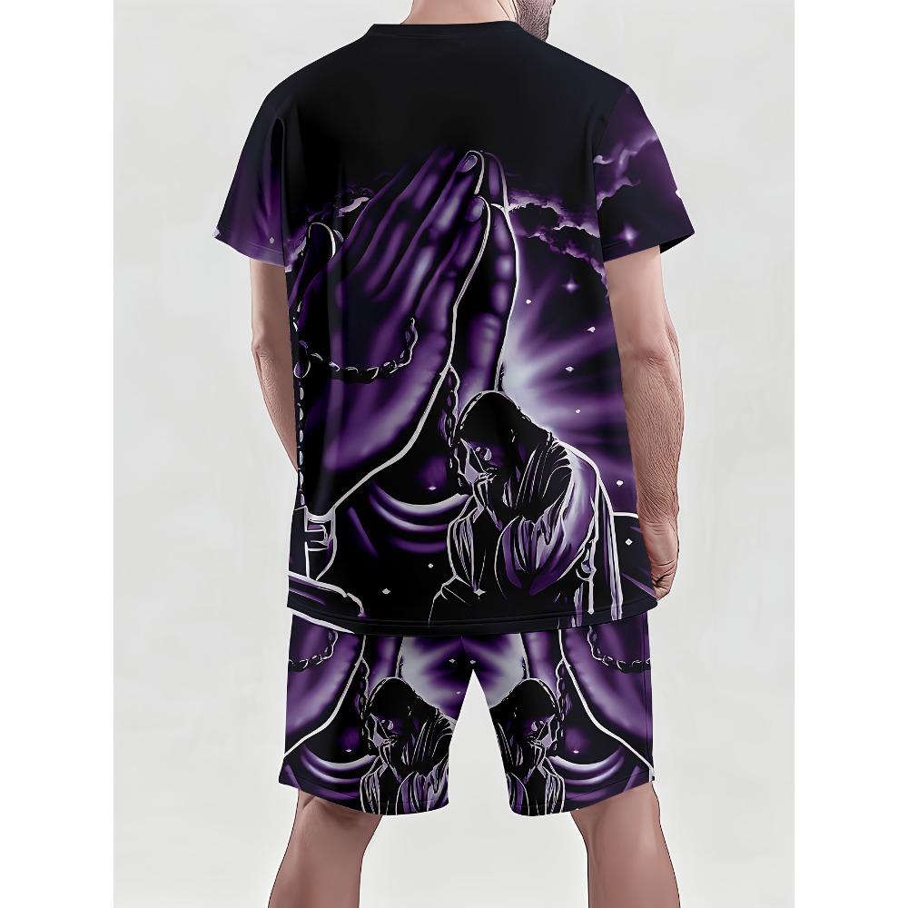 Men's 3D Digital Printing Round-neck Short-sleeved Set - Dark Style Prayer Hand Print - European-American Religious Style Set