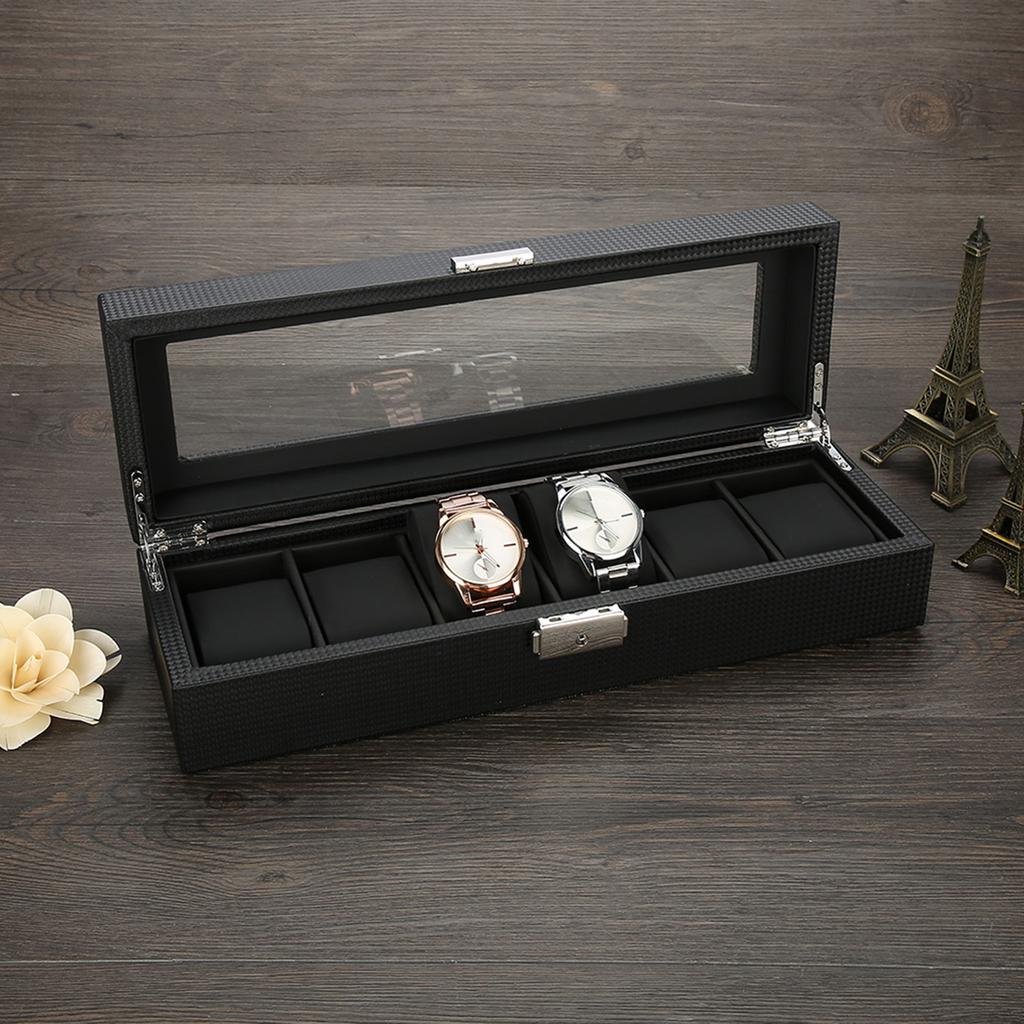 Watch Gift Box, 6 Grid PU Carbon   Lther Watch Case Watch Box