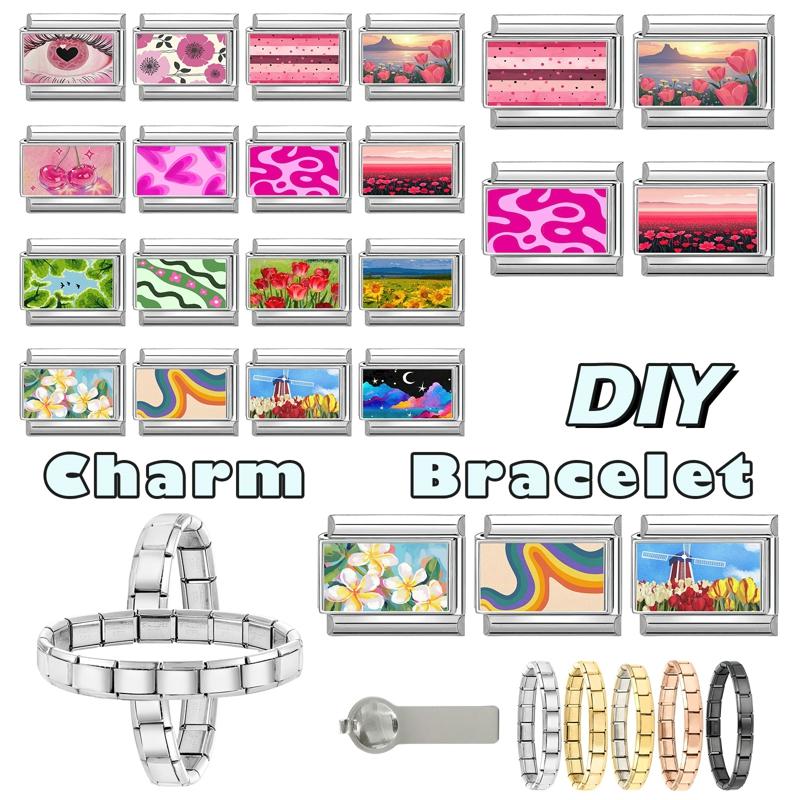 Unique Y2K Pink Girls' Eye Tulip Flowers Moon Cat Cherry Italian Charm Link Fit 9mm Stainless Steel Bracelet DIY Making Jewelry