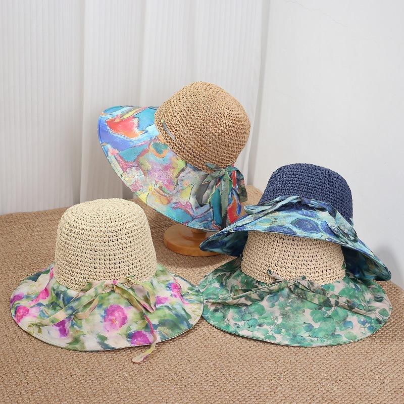 Bohemian splicing sun protection straw hat women's big brim breathable sun hat foldable sun hat seaside beach hat