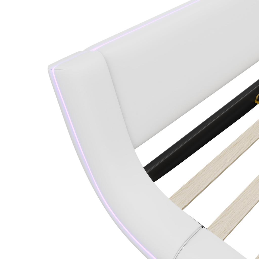 Cama Estofada 160x200cm com Iluminação LED, Camas de Chão Camas de Casal com Cabeceira e Estrado, Sem Colchão