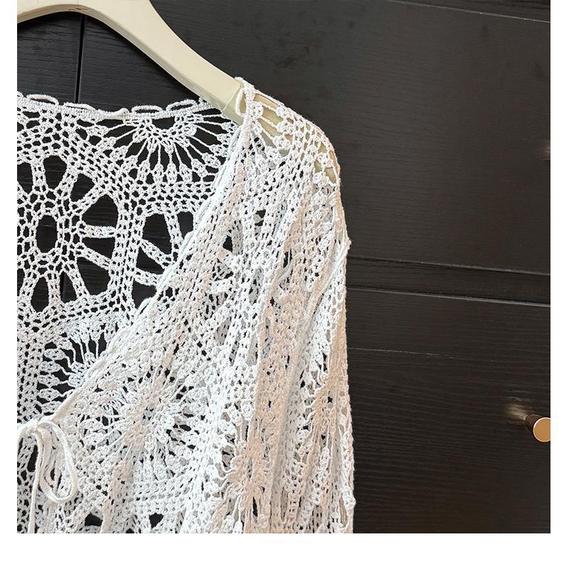 Bohemian Crochet Tie-Up Knit Cardigan - Women's Long Sleeve Sun Protection Top