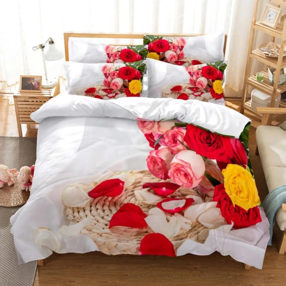 Red Pink Flower Floral Plant Comforter Bedding Set New 3D Print Adult Duvet Cover Sets Bed Linen Gift Queen King Double Size