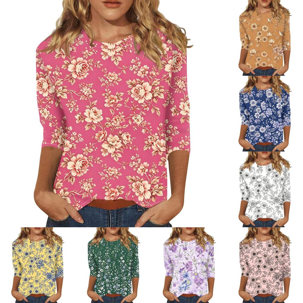 Top da Donna Casual con Stampa Floreale, Manica a Tre Quarti, Girocollo, Leggero, Vestibilità Comoda, Per l'Uso Quotidiano