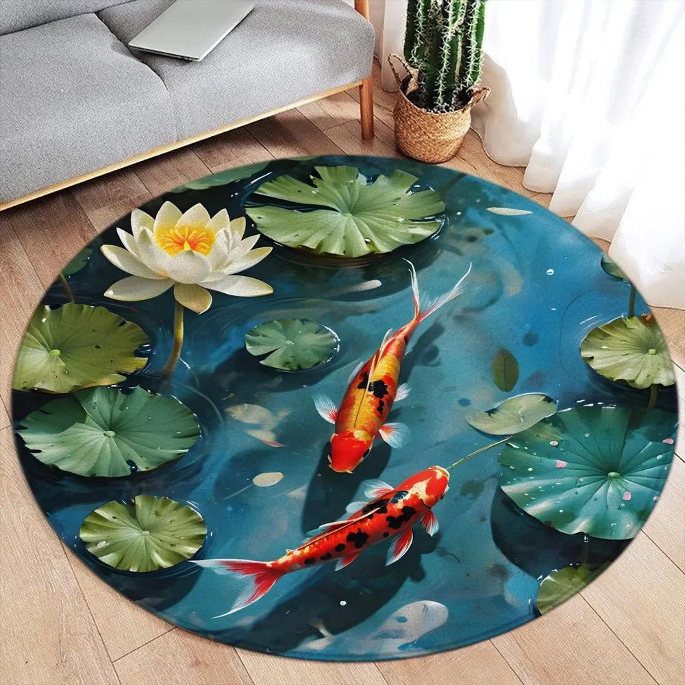 Round Rug – Koi Lotus Cherry Blossom Ink Art Carpet for Living Room Bedroom Home Decor