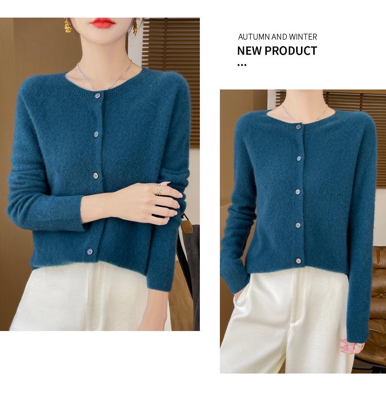 Damski kardigan płaszcz ze 100% czystej wełny z okrągłym dekoltem - Luźny sweter dzianinowy ściegiem podwiązkowym