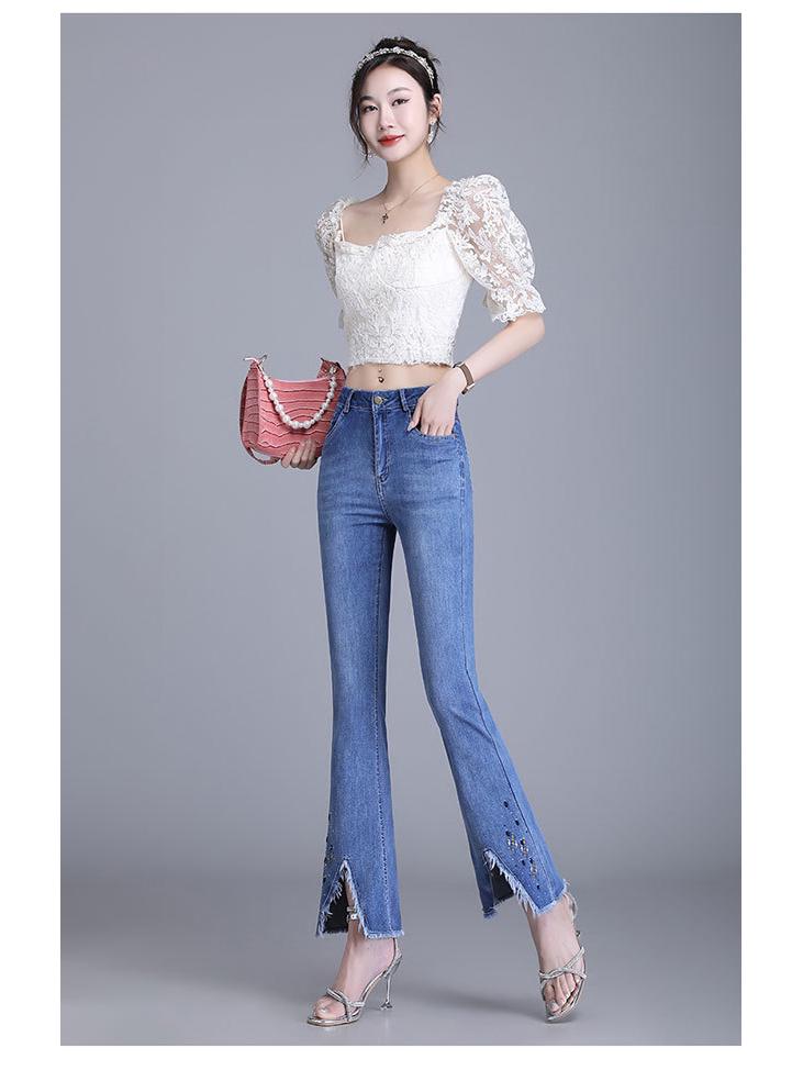 2025 Women's Slimming High-Waisted Micro-Flared Jeans with Slit and Raw Edge Detail for Spring