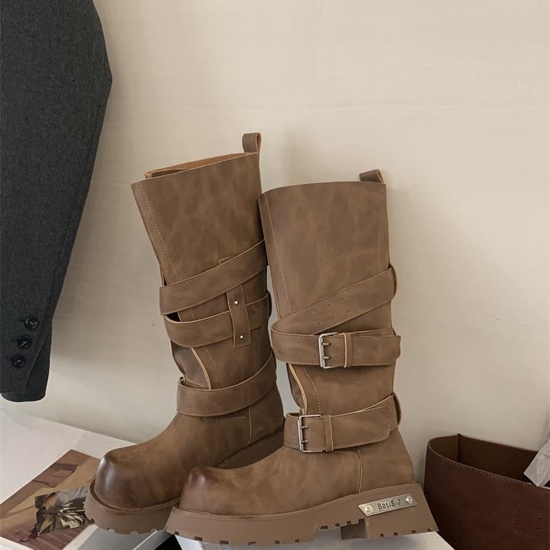 Vintage polished thick-heeled knight boots women's 2025 new platform-soled long boots high street cool drag motorcycle boots medium boots