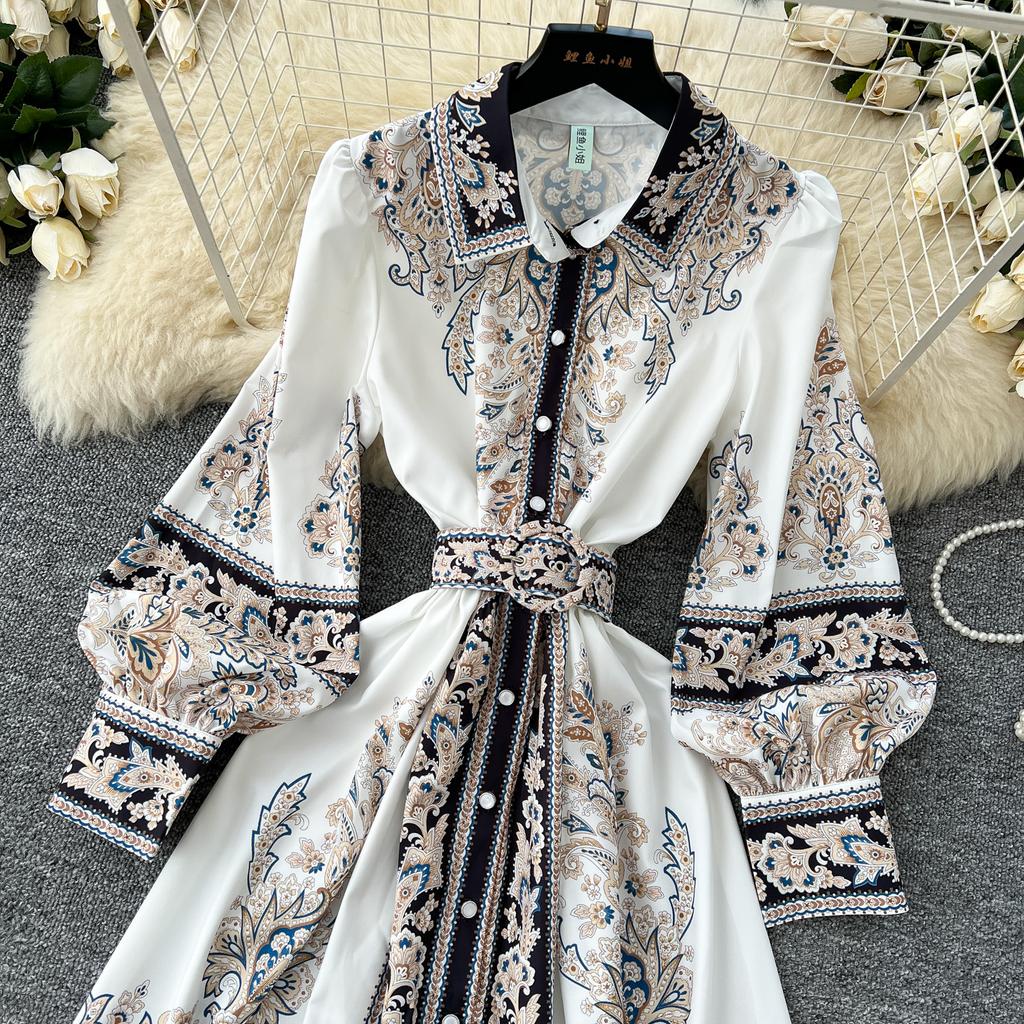Spring Autumn Women Vintage Palace Print Single Breasted Ankle Length Holiday Party Shirt Dresses with Belt