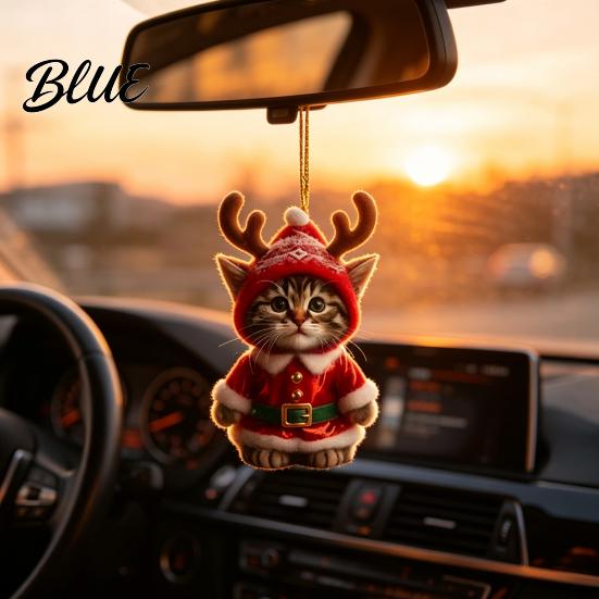 Cute Cat Christmas Decor Santa Ornament Acrylic Car Mirror Hanging with Lover Presents Reindeer Antlers 2D Bag Charm for Backpack Holiday