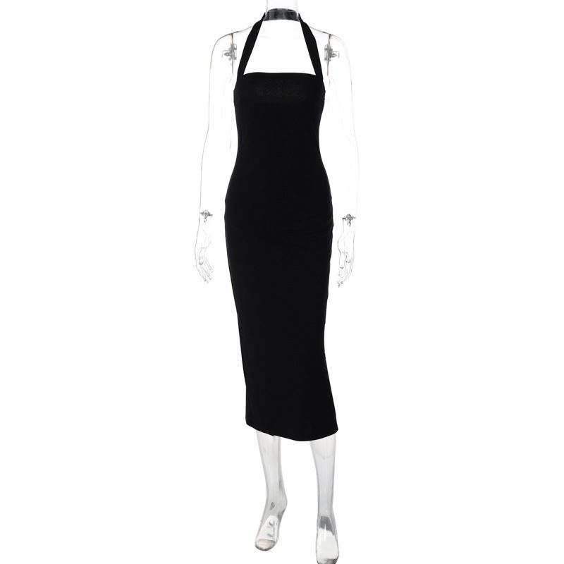 

2024 Western Style Sexy off-Neck Hanging Neck Dress Women Backless Sheath Hanging Neck Dress Black L