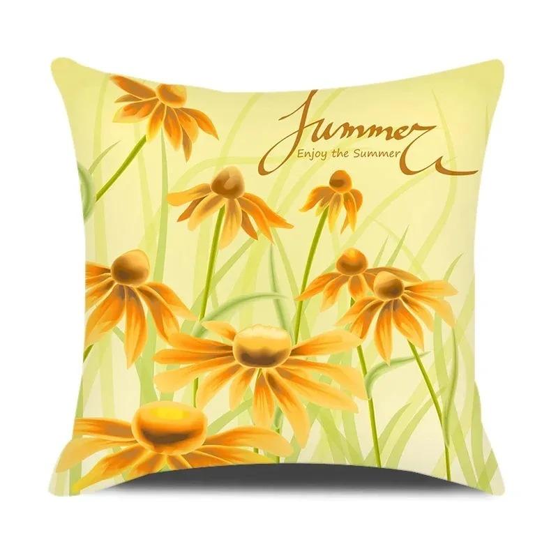 Daisy Flowers Green Yellow Plaid Double-Sided Printed Pillow Cover Short Plush Suitable Living Bedrooms Sofa Throw Cushion Cover