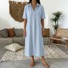 Abito estivo in cotone e lino da donna, manica corta, bottoni, colletto, midi, casual, svasato, linea ad A, ampio, da vacanza